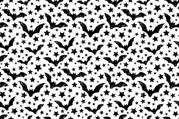 Seamless vector halloween pattern with silhouettes of bats and stars on a white background. Traced