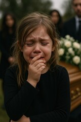 Child grieving at solemn funeral.