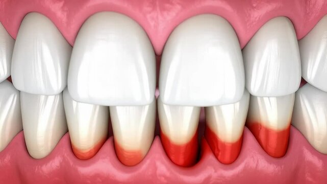 Inflamed gums between incisors, front teeth exhibiting signs of gingivitis, closeup, illustration of dental health, red swollen gums, focus on teeth