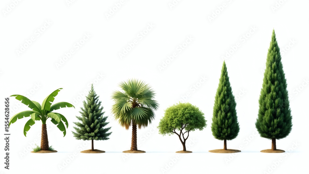 Aufkleber different kinds of trees lined up. There are evergreen and deciduous trees
