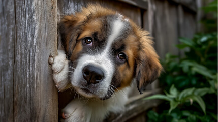 St. Bernard Puppy Peeking Through Fence
