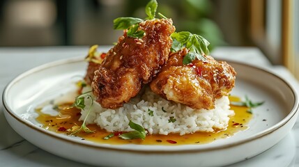 Serving of buttermilk chicken With steamed rice crispy chicken