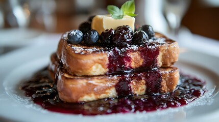 Serving of french toast topped with melting butter and a blueberry compote