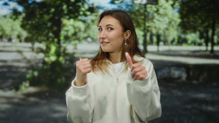 Young woman in a park with thumbs up in a casual outdoor setting surrounded by nature and trees...