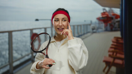 Woman on cruise deck gestures idea while holding racket against ocean backdrop in casual attire...