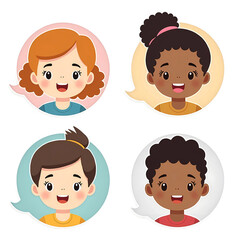 Diverse cartoon children with speech bubbles showing happiness