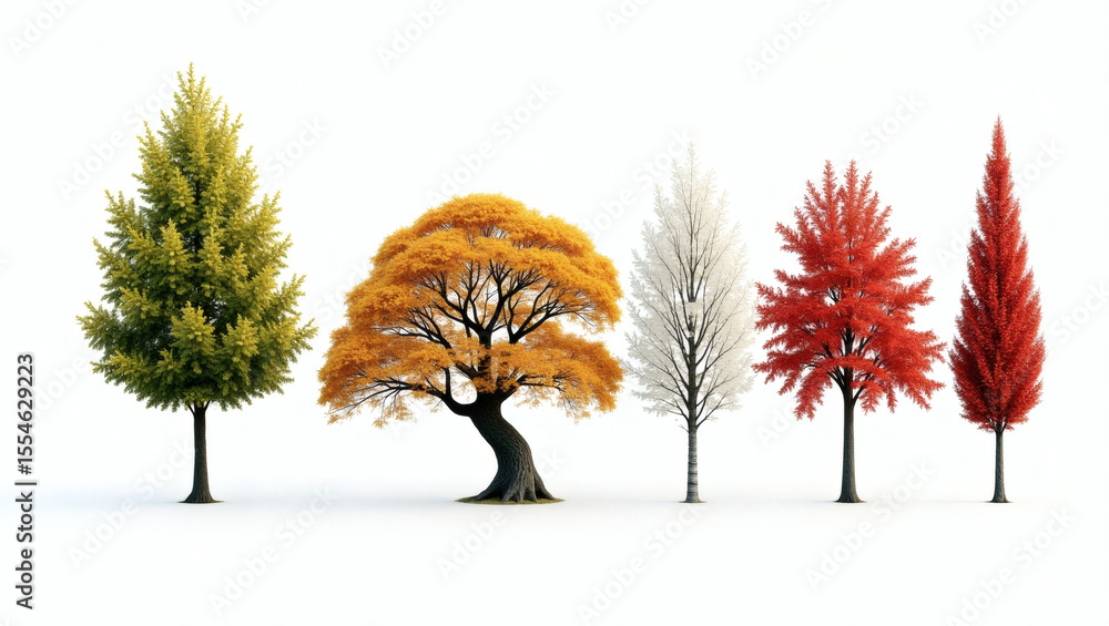 Poster five different trees in various colors isolated on white background