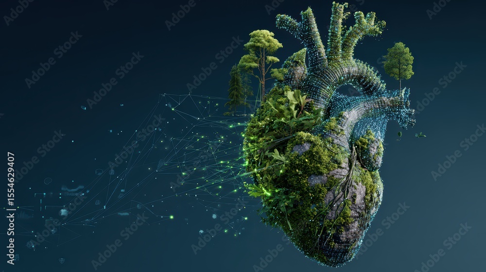 Poster lush green heart with trees and plants representing nature and life integration in a futuristic desi