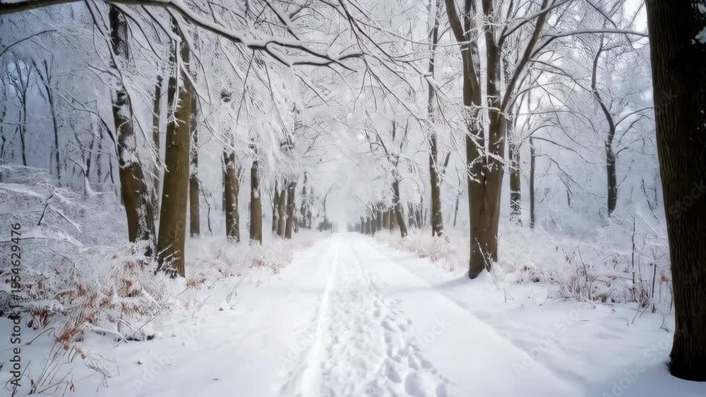Poster a snowy path leads through a wintry forest with snow-covered trees and ground, creating a serene and