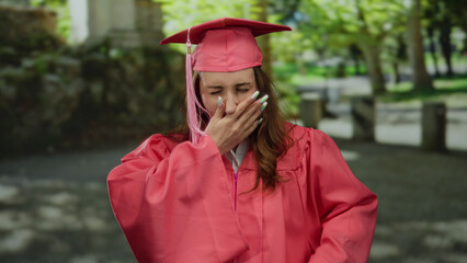 Young woman in a red graduation gown looks distressed while standing in a sunny park, expressing...