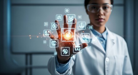 Female scientist utilizes a futuristic digital interface for research and innovative technology in a laboratory setting