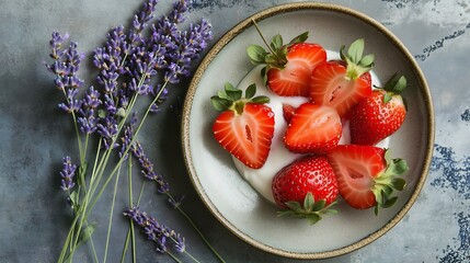 Serving of yogurt with strawberries and lavender