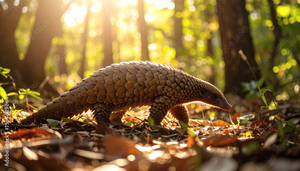 Poster sunlit pangolin walking through a forest with soft glow in background
