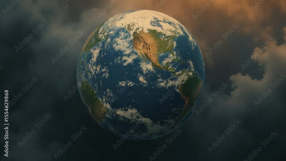 Poster rotating earth globe animation with cloudy sky background