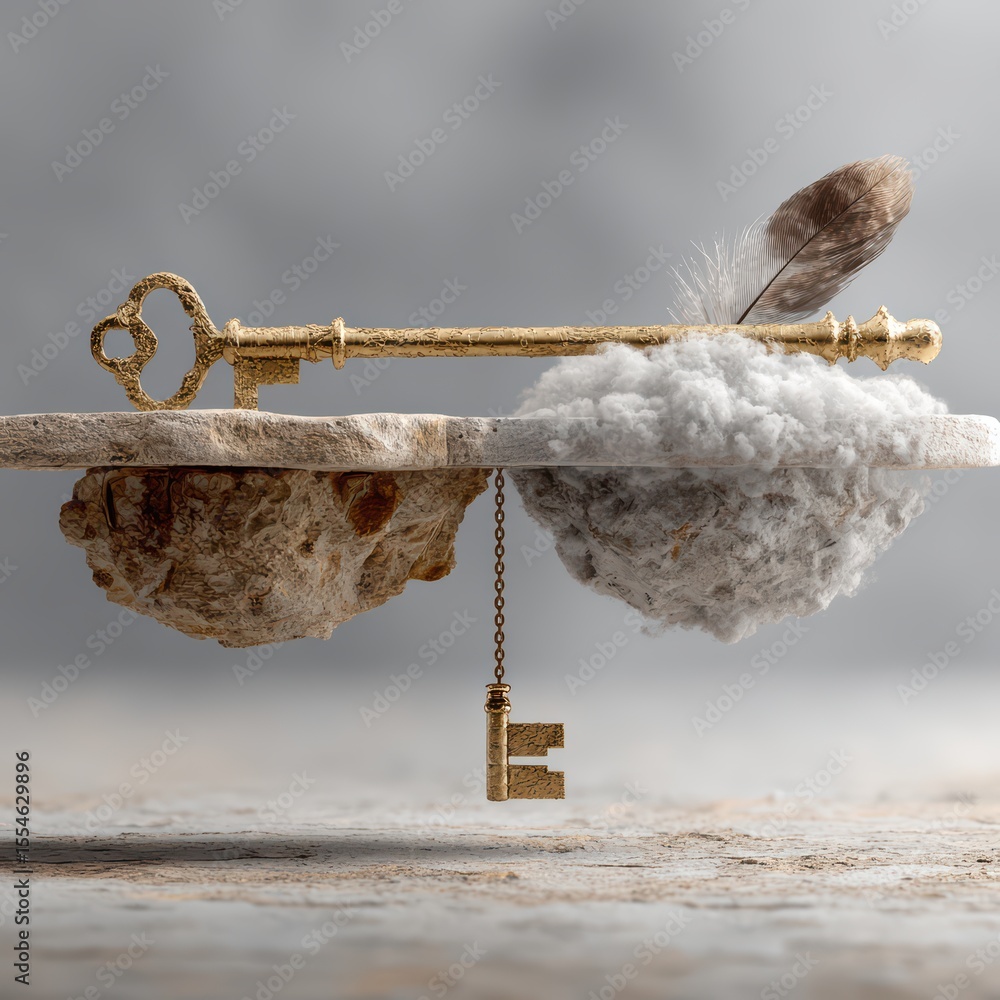 Aufkleber golden key with feather and stone in cloudy background for conceptual art and imagery design