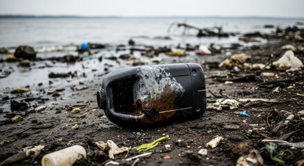 A discarded black plastic container washed up on a dirty, polluted beach, highlighting the problem of plastic waste and ocean pollution.