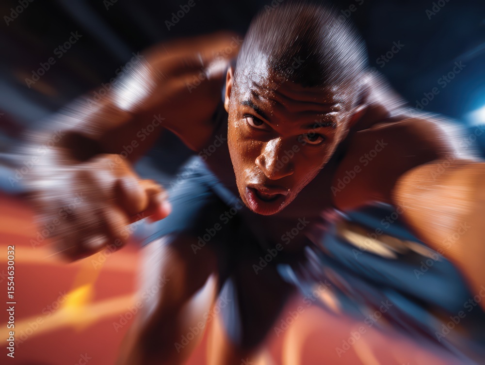 Poster intense running movement of a sprinter in motion captured with blurred background for dynamic sport 