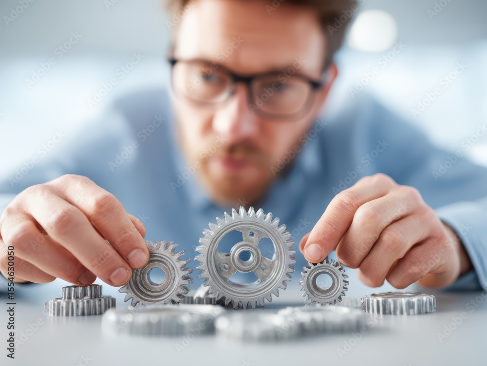 Poster focused engineer assembling gears with attention in bright workshop environment