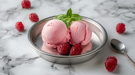 Serving process in the shop icecream in stainless steel tray