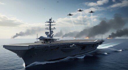 A US Navy aircraft carrier sailing through the ocean during a conflict, with a formation of fighter jets flying overhead and smoke on the horizon.
