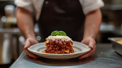 Serving portion of lasagna bolognese