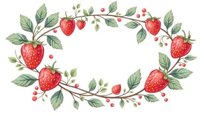 Decorative wreath of strawberries and leaves.
