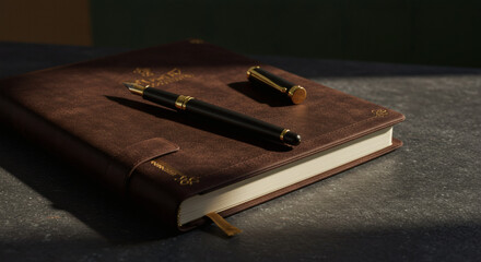 Luxurious Brown Leather Journal with Gold Accents and Fountain Pens