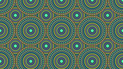 Repeating circular pattern with concentric circles in shades of blue green and yellow colors