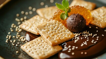 Sesame crackers cookies and petit four marmalade and chocolate truffle garnish
