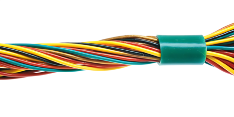 Colorful electrical wires bound together isolated on a transparent background binding