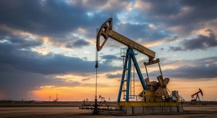 A yellow and blue oil pumpjack working in a field with other rigs under a moody, cloudy sky at sunset.