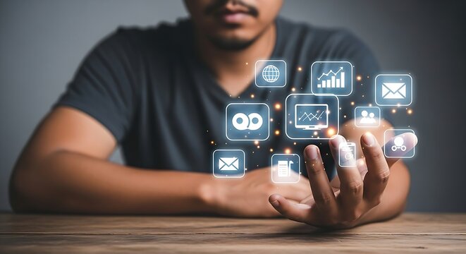 Visualizing modern digital marketing solutions with a person holding technology icons and demonstrating effective strategies.
