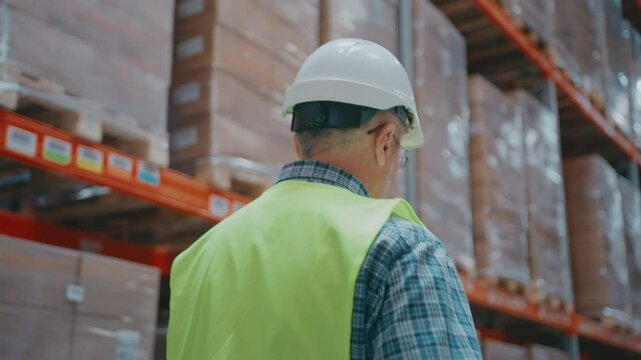 Serious older male in helmet and vest walking near stacked pallets in warehouse. Holding smartphone to ear. Coordinating shipment or giving instructions during conversation. Wearing glasses.