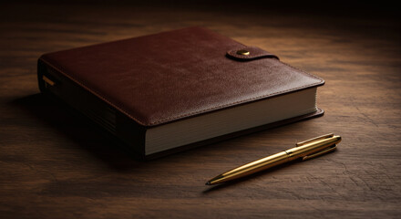 Luxurious Brown Leather Journal and Gold Pen on Wooden Desk Elegant Business Writing Concept