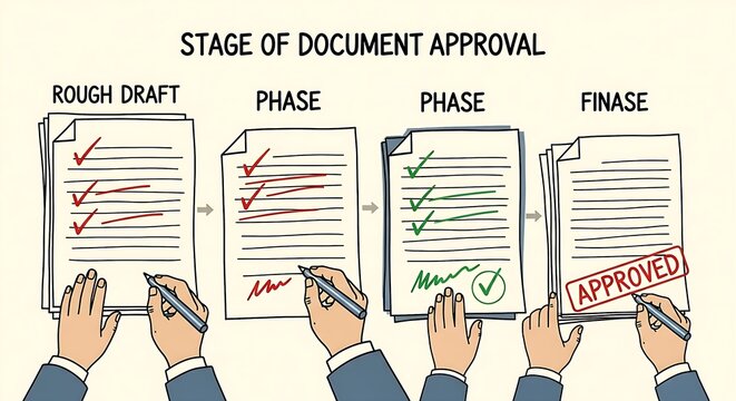 Document approval stages depicted from rough draft to final approval process and sign off, a visual representation.