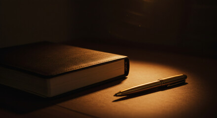 Luxurious Leather Notebook and Gold Pen on Desk Elegant Writing Stationery Set