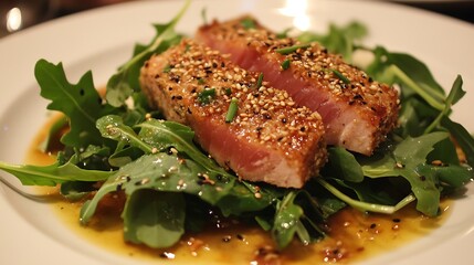 Sesame seed crusted seared ahi tuna and arugula salad with a garlic ginger and soy dressing
