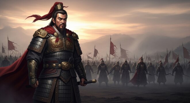 A portrait of a wise and powerful ancient Chinese warlord in decorated armor, leading his massive army into battle.