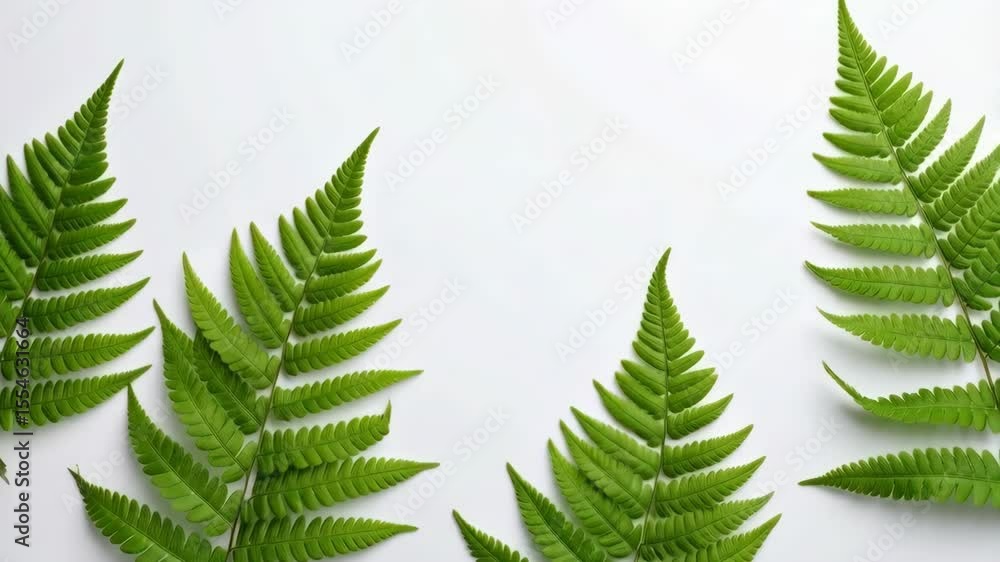 Poster Crisp green fern fronds arranged symmetrically on a clean white background create a natural and organic botanical pattern for design elements
