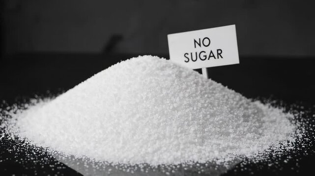 Six heaps of white refined sugar on a black reflecting surface with no sugar signs, representing sugar reduction, diet, and healthy choices