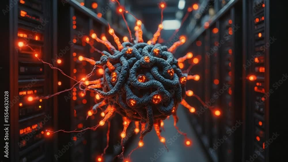 Aufkleber connecting node in data center with glowing connections slow motion