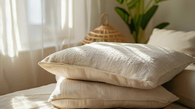Stacked cream pillows on bed with sunlight