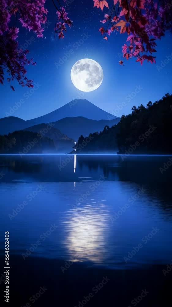 Poster Full moon reflecting over calm waters with mountain silhouette and flowering tree branches at night, creating a tranquil scene.
