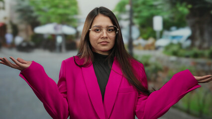 Woman in pink blazer stands outdoors with arms outstretched in a questioning gesture, blending into...
