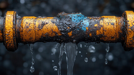 rusty pipe cracked open with water jetting out, urgent maintenance concept 