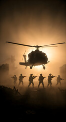 Helicopter lands in dusty battlefield as armed soldiers hold formation.

