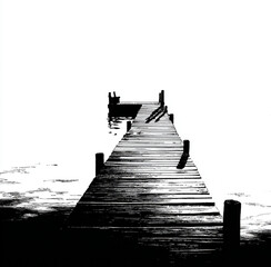 Obraz premium dock extending into a lake, view at an angle from water in the lake, silhouette, black on white background for a t shirt