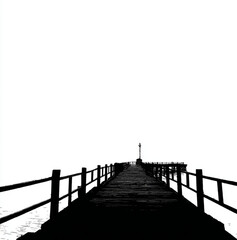 Obraz premium dock extending into a lake, view at an angle from water in the lake, silhouette, black on white background for a t shirt
