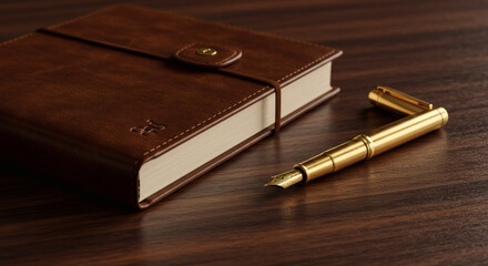 Elegant Brown Leather Journal and Gold Fountain Pen on Rich Wood Desk Professional Writing Luxury