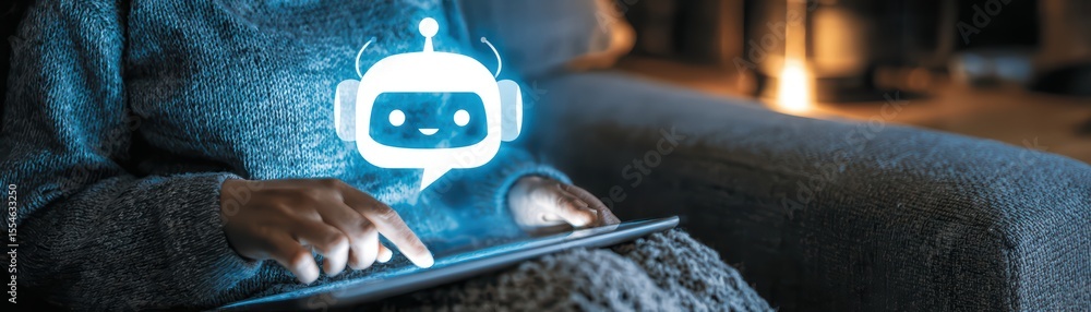 Poster person using a tablet with a chatbot interface glowing above, showcasing interaction with technology
